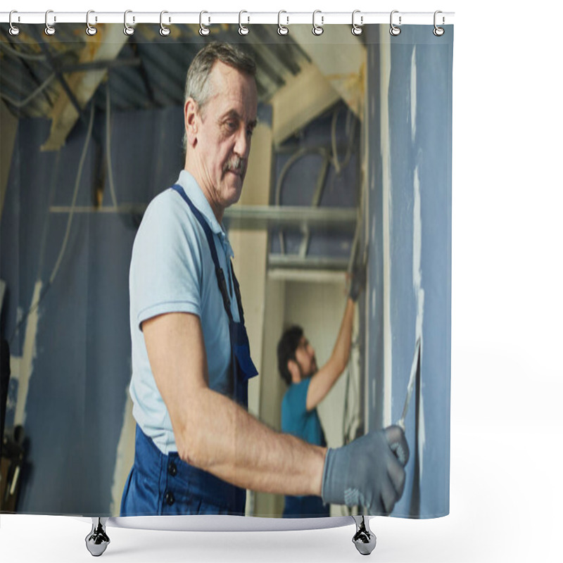 Personality  Side View Portrait Of Two Construction Workers Building Dry Wall While Renovating House, Copy Space Shower Curtains