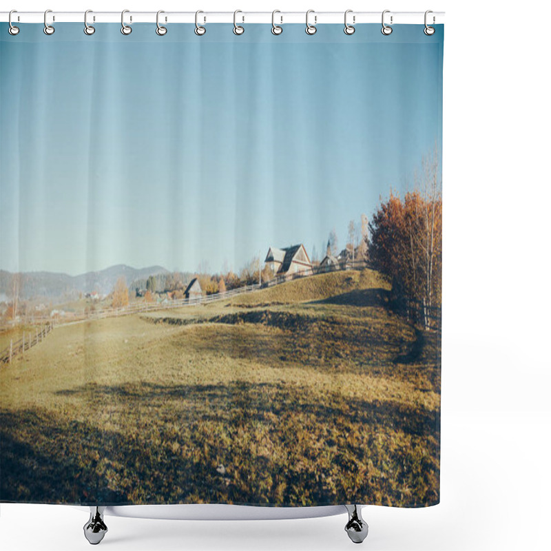 Personality  Pasture With Buildings In Mountain Vorokhta Town, Carpathians, Ukraine Shower Curtains