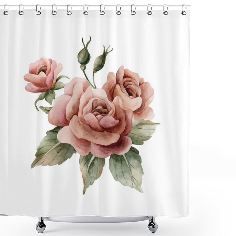 Personality  Rose Flower With Buds And Leaves. Dusty Pink Garden Flowers Arrangement. Watercolor Hand Painted Floral Isolated Illustration For Wedding Design, Home Textile, Porcelain Crockery, Cards, Labels, Logos Shower Curtains