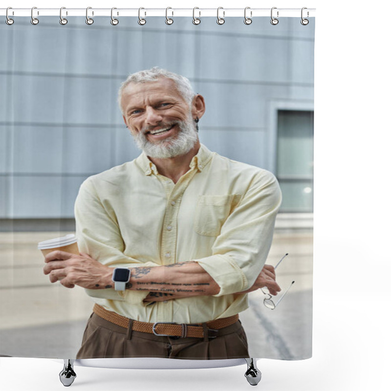 Personality  A Mature Man With A Beard And A Warm Smile Stands Outside, Holding A Coffee Cup. He Is Wearing A Light Yellow Shirt And Brown Pants. Shower Curtains