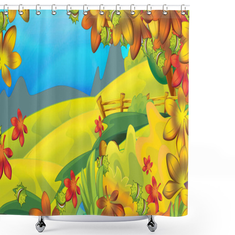 Personality  Cartoon Autumn Nature Background With Forest And Mountains With Space For Text - Illustration For Children Shower Curtains