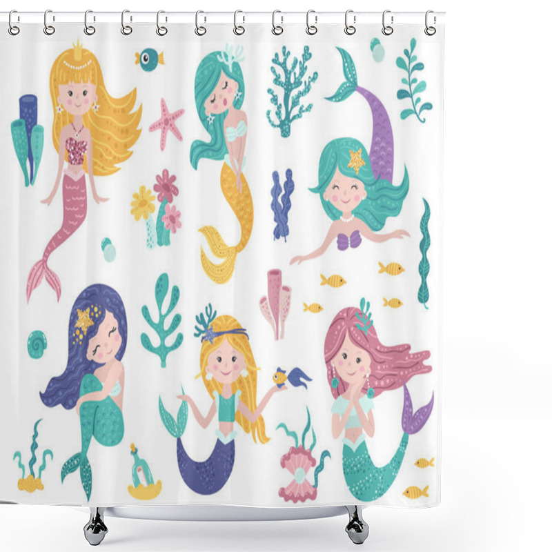 Personality  Set Of Cute Mermaids And Sea Nature. Shower Curtains