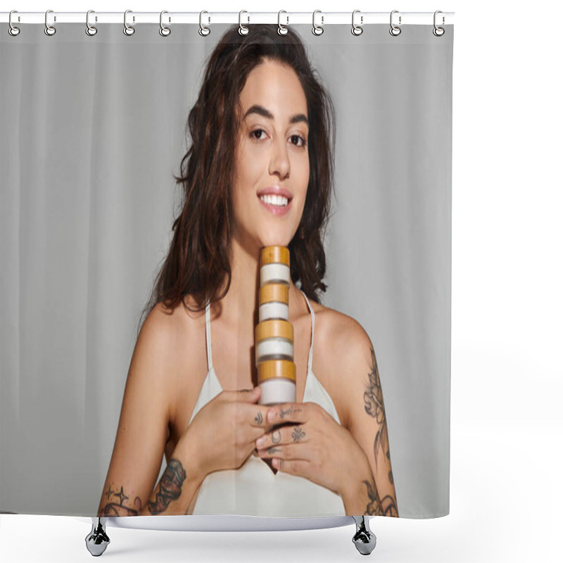 Personality  Young Beautiful Woman With Tattoos Holds Skincare Products, Radiating Confidence And Joy. Shower Curtains