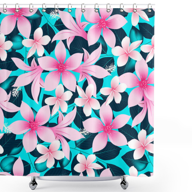 Personality  Pink Tropical Hibiscus Flowers With Blue Leaves Seamless Pattern Shower Curtains