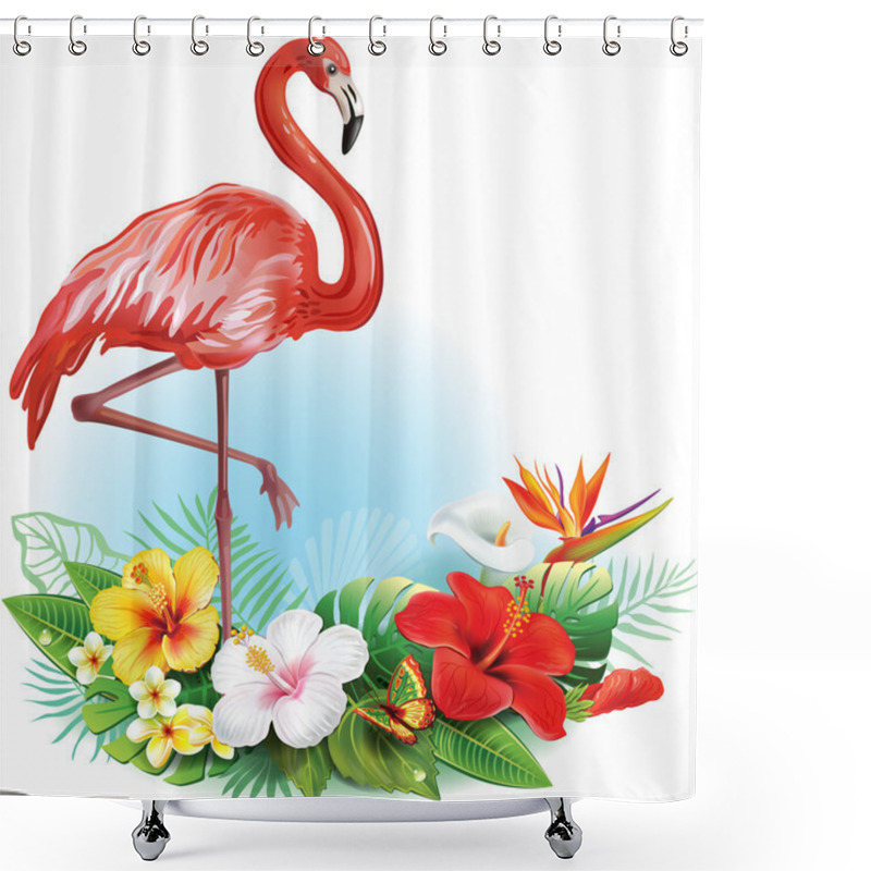 Personality  Arrangement From Tropical Flowers And Flamingo Shower Curtains