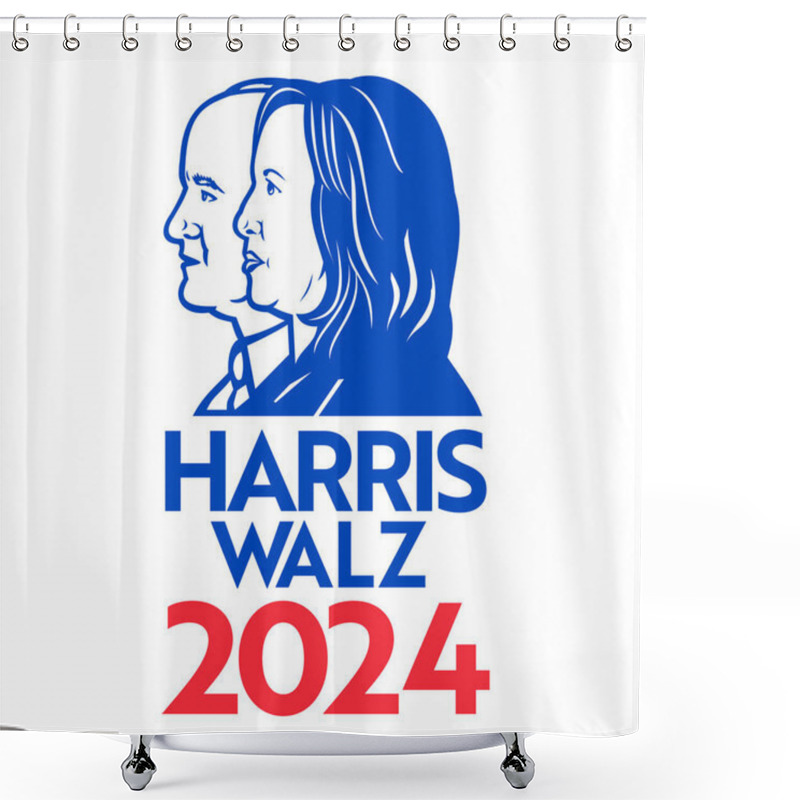 Personality  Illustration Of American President And Vice President Candidate For US Election Democrat Kamala Harris And Governor Tim Walz With Words Harris Walz 2024 Viewed From Side Done In Retro Style. Shower Curtains