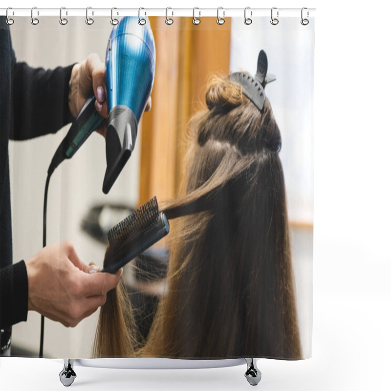 Personality  Master Woman Hairdresser Dries The Girls Hair With A Hairdryer And Combs After Washing In The Beauty Salon Shower Curtains