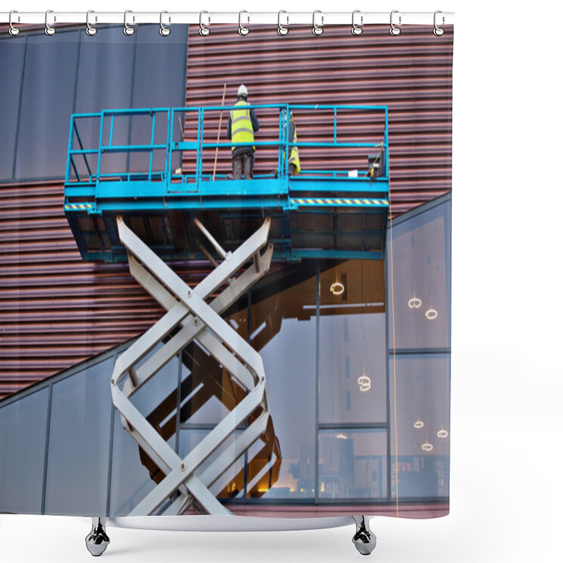 Personality  Builder On A Scissor Lift Platform At A Construction Site Shower Curtains