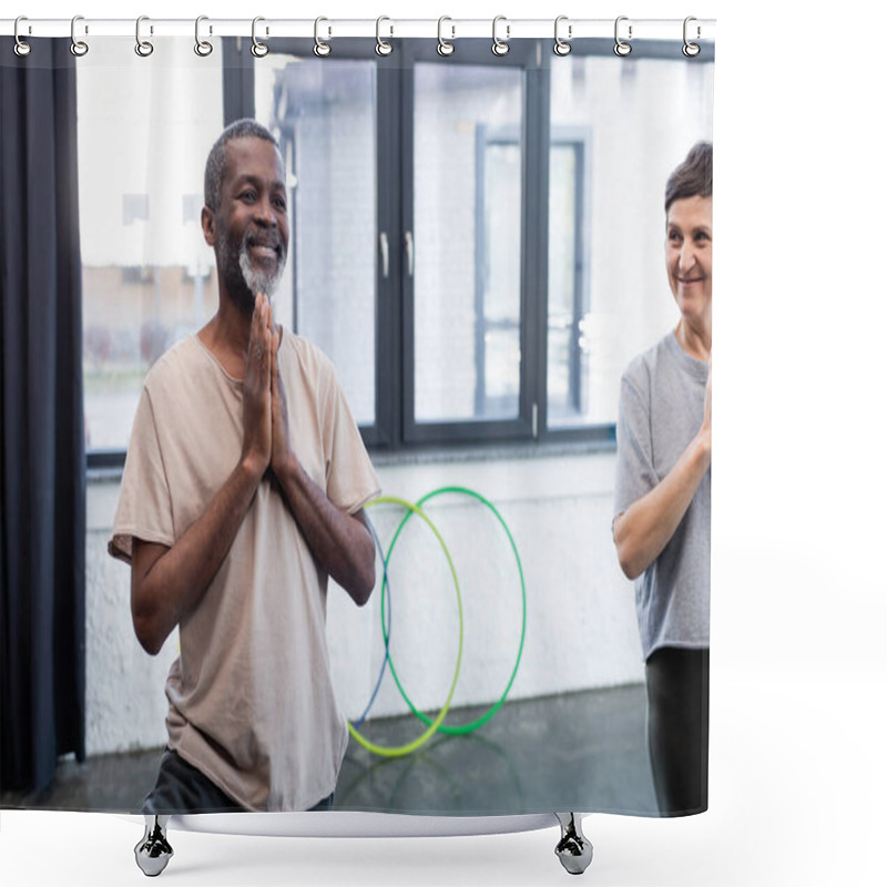 Personality  Smiling African American Man Practicing Yoga Near Senior Friend In Sports Center  Shower Curtains