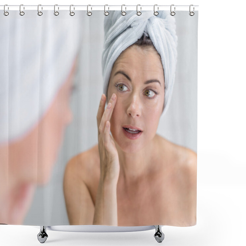 Personality  Attractive Middle Aged Woman Looking In The Mirror Shower Curtains