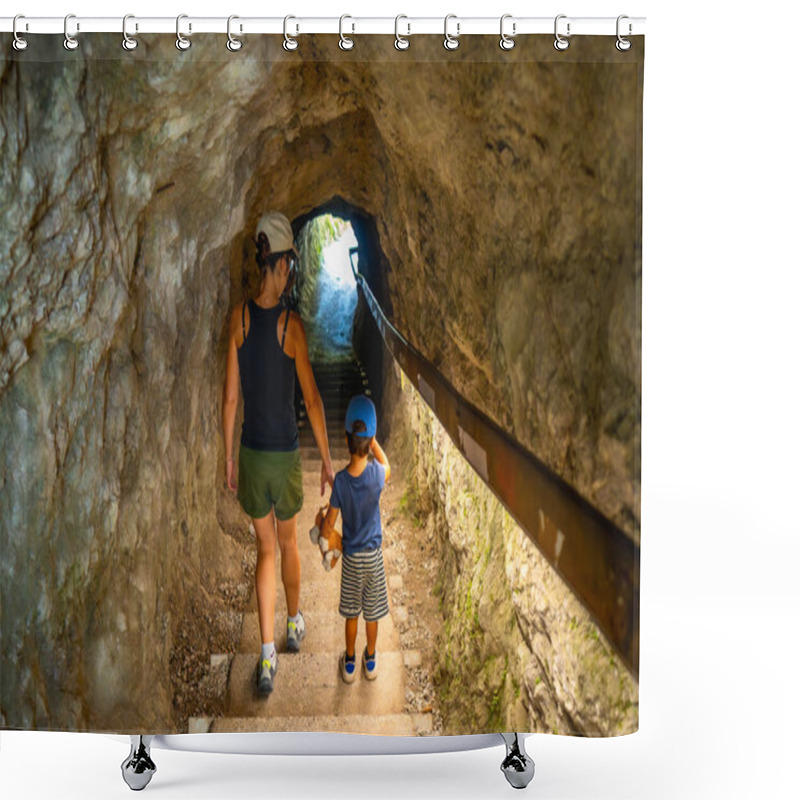 Personality  Mother And Son Walking Through A Tunnel In Tolmin Gorge, A Popular Tourist Destination In Slovenia Shower Curtains