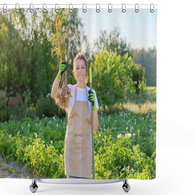 Personality  Smiling Woman Farmer Gardener Holding Fresh Dug Garlic Plant In Hand Shower Curtains