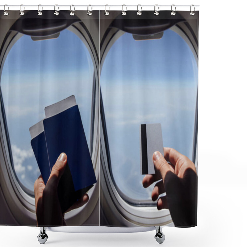 Personality  Collage Of Man Holding Credit Card And Passports Near Porthole In Airplane Shower Curtains