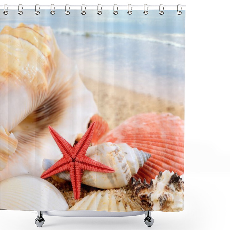 Personality  Sea Star And Shells On The Sandy Beach Shower Curtains