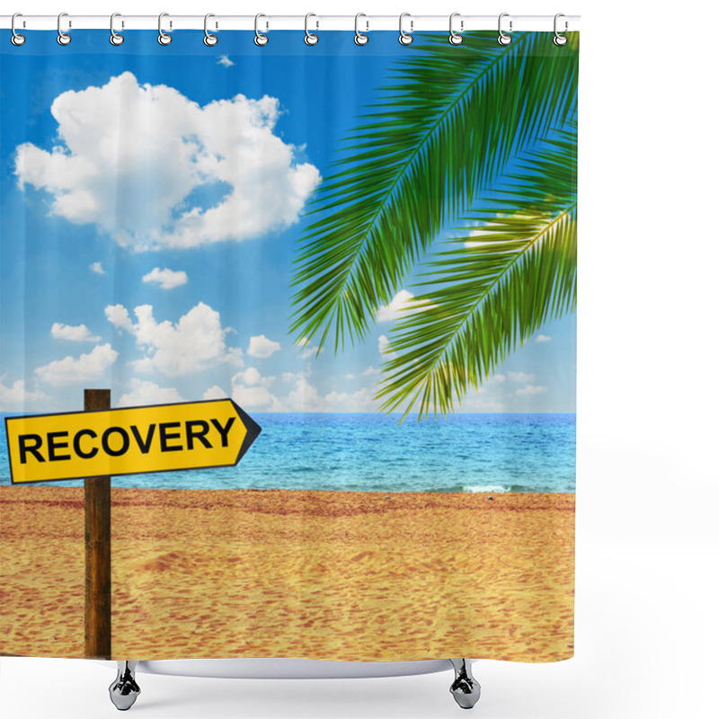 Personality  Tropical Beach And Direction Board Saying RECOVERY Shower Curtains