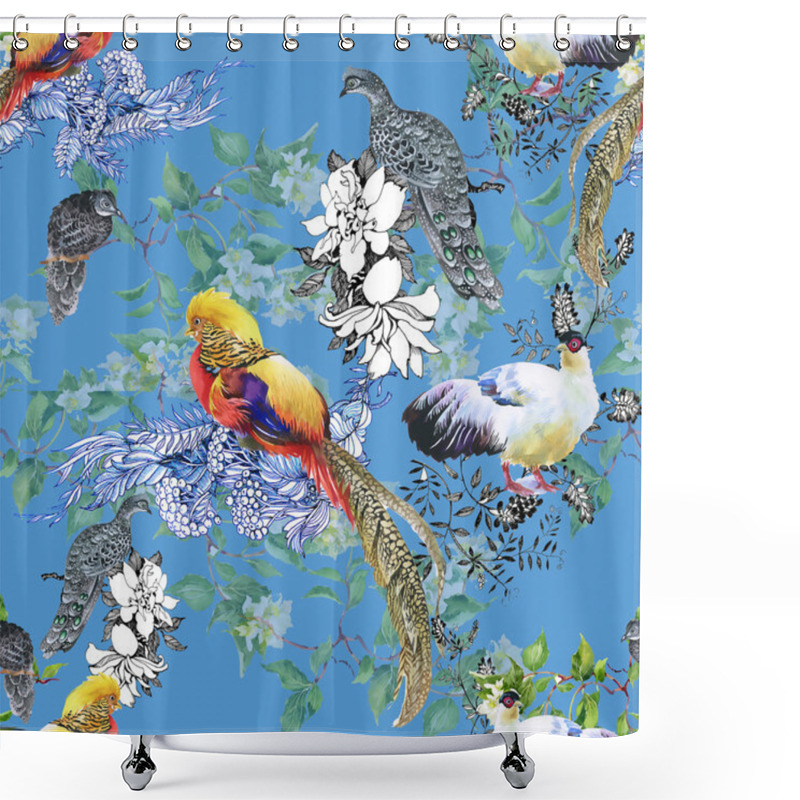 Personality  Floral Seamless Pattern With Birds Shower Curtains