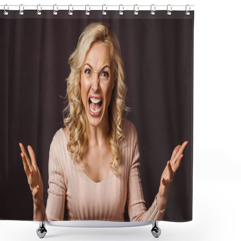 Personality  Emotional Blonde Woman Gesturing And Screaming Isolated On Black  Shower Curtains