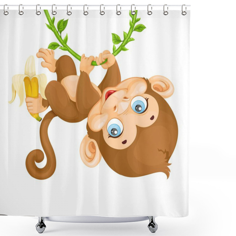 Personality  Cute Baby Monkey With Banana Hanging On The Vine Isolated On A W Shower Curtains