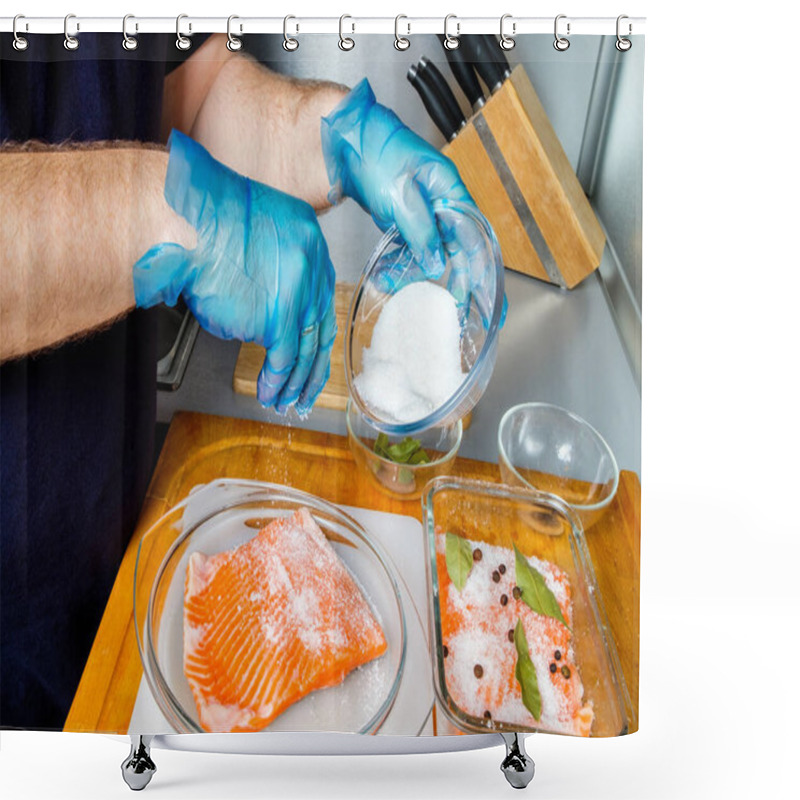 Personality  The Gloved Cook Sprinkles The Salmon Fillet With Curing Mixture. Shower Curtains