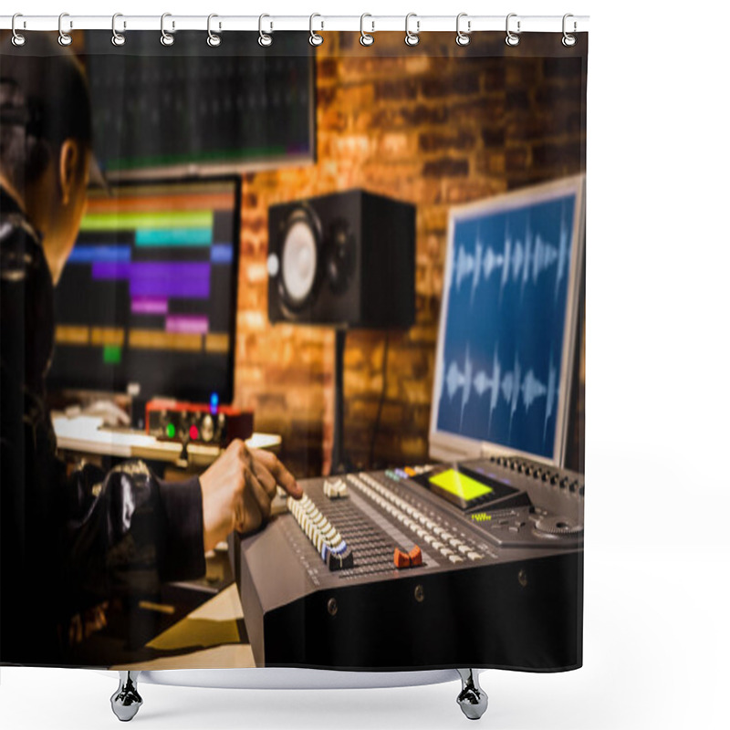 Personality  Asian Male Professional Sound Engineer Working In Digital Recording, Broadcasting, Editing Studio. Focus On Mixer Fader Shower Curtains