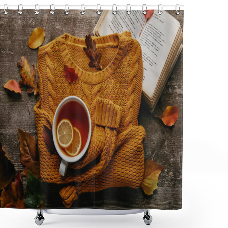 Personality  Flat Lay With Fallen Leaves, Cup Of Tea With Lemon Pieces, Book And Orange Sweater On Wooden Tabletop Shower Curtains