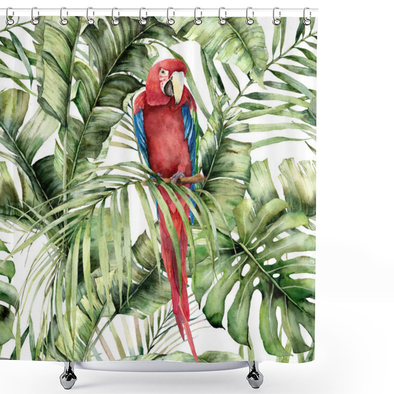 Personality  Watercolor Tropical Seamless Pattern With Red Parrot And Palm Leaves. Hand Painted Birds And Jungle Tree Leaves. Floral Illustration Isolated On White Background For Design, Print Or Background. Shower Curtains