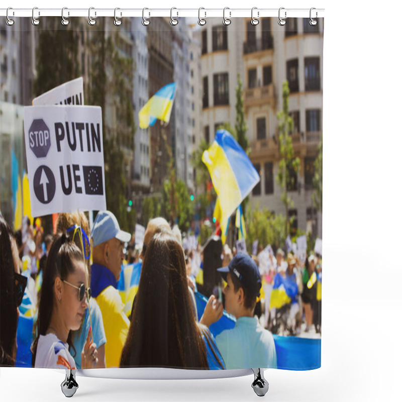 Personality  Madrid, Spain. May 8, 2022. People At Rally In Support Of Ukraine Affected By Russia. Crowd With Yellow Blue Ukrainian Flags. Placard Stop Putin UE.  Shower Curtains