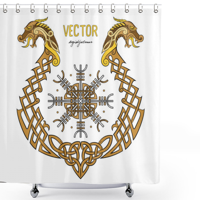 Personality  Aegishjalmur, Helm Of Awe (helm Of Terror), Icelandic Magical Staves And The Scandinavian Pattern In The Form Of A Dragon Boat, Drakkar, Isolated On White, Vector Illustration Shower Curtains