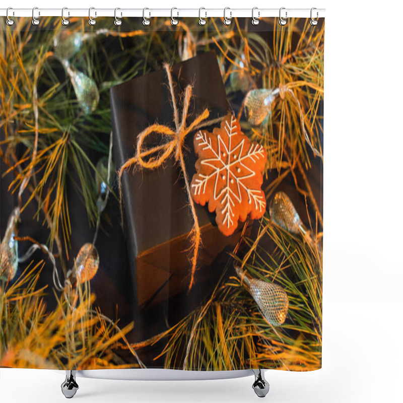 Personality  High Angle View Of Wrapped Black Present With Gingerbread Cookie Near Green Branches With Garland Shower Curtains