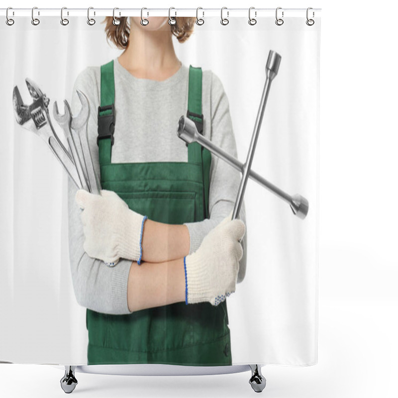 Personality  Female Auto Mechanic With Tools On White Background, Closeup Shower Curtains