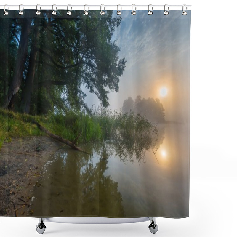 Personality  Beautiful Sunrise Over Misty Lake. Shower Curtains