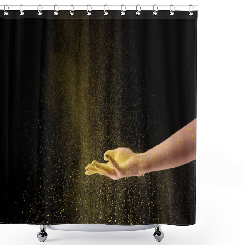 Personality  Cropped View Of Woman Holding Yellow Holi Powder On Black Background Shower Curtains