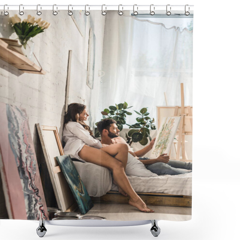 Personality  Side View Of Sexy Young Couple Looking At Painting While Man Lying In Bed And Girl Sitting Next To Guy Shower Curtains