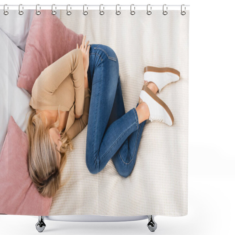 Personality  Top View Of Upset Woman Lying On Bed At Home  Shower Curtains