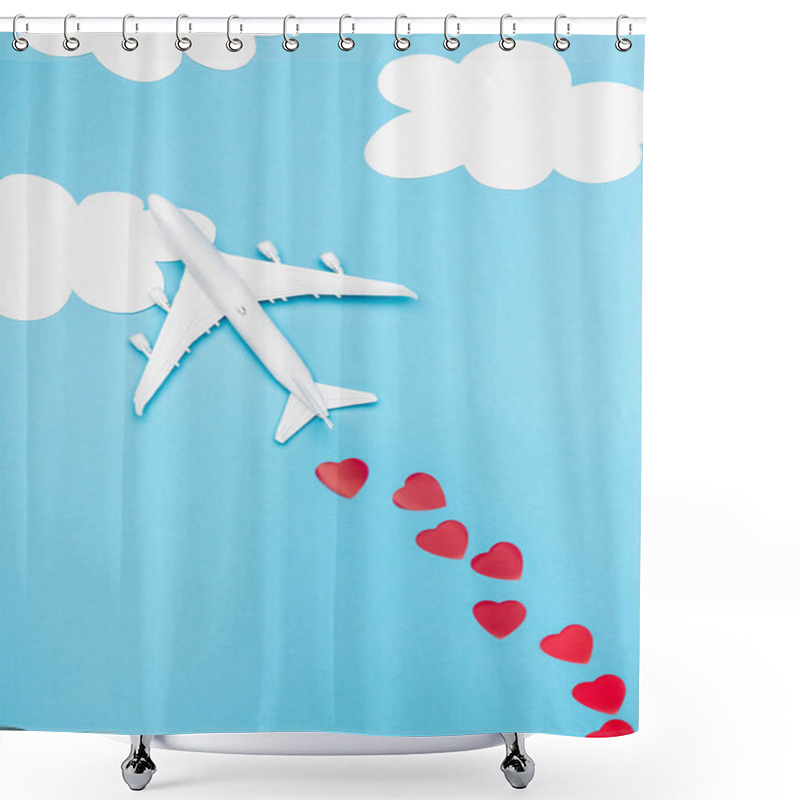 Personality  Top View Of Plane Model And Red Hearts On Blue Background With White Clouds Shower Curtains