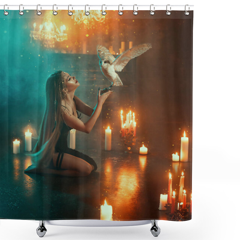 Personality  Art Photo Real Fantasy Gothic Woman Witch Sitting On Knees Praying Holding White Barn Owl Bird Flies Flap Wings. Lady Elf Blonde Hair Sexy Girl With Wild Birds. Dark Room Blue Smoke Black Dress Light  Shower Curtains