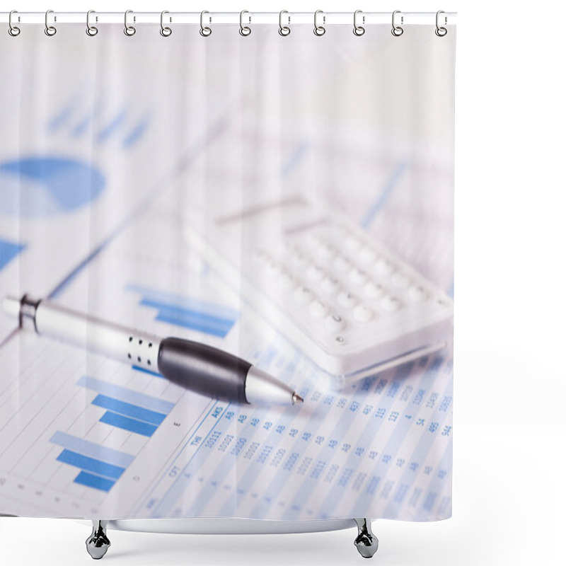 Personality  Calculator, Pen And Financial Charts Shower Curtains