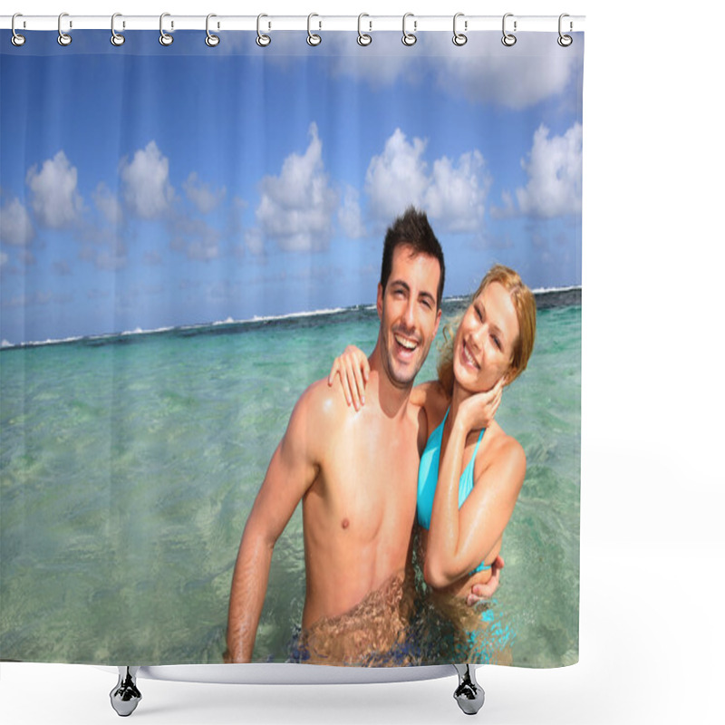 Personality  Cheerful Couple Swimming In A Caribbean Lagoon Shower Curtains