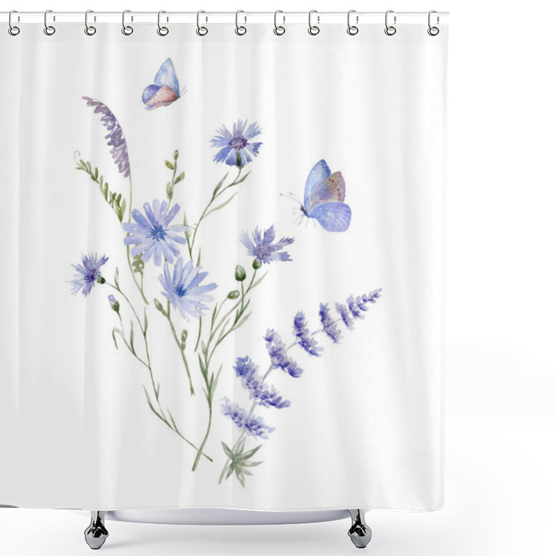 Personality  Watercolor Bouquet With Wildflowers And Butterfly. Design For Card On The White Background. Shower Curtains