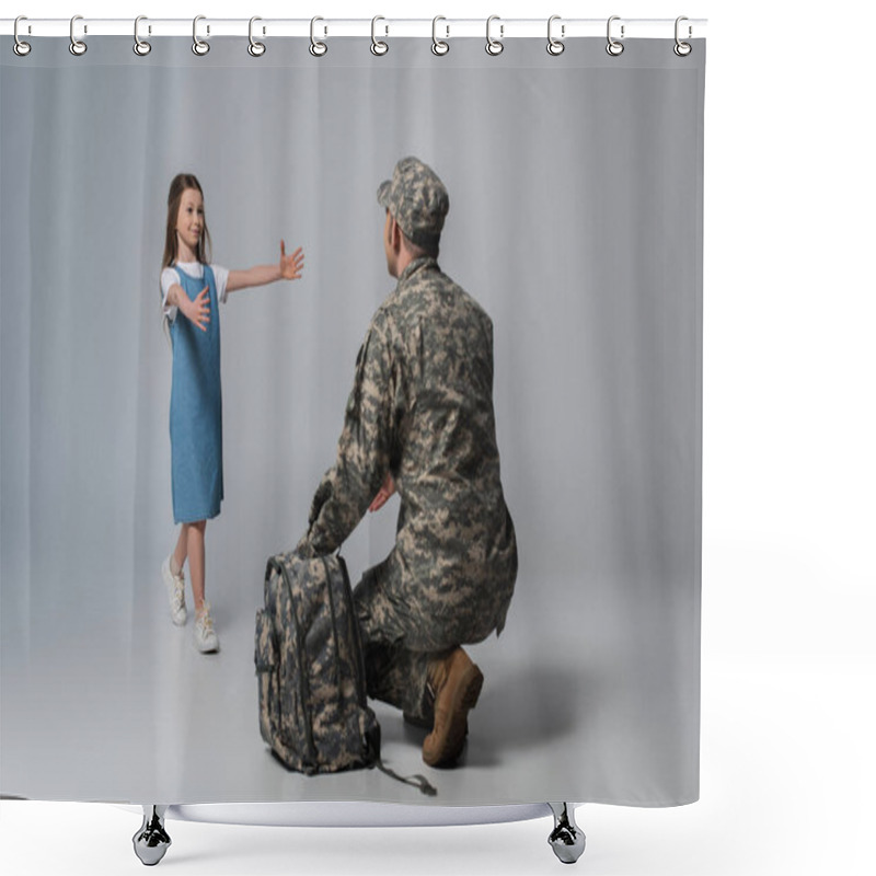 Personality  Happy Kid Welcoming Father In Army Uniform During Homecoming On Grey Background Shower Curtains