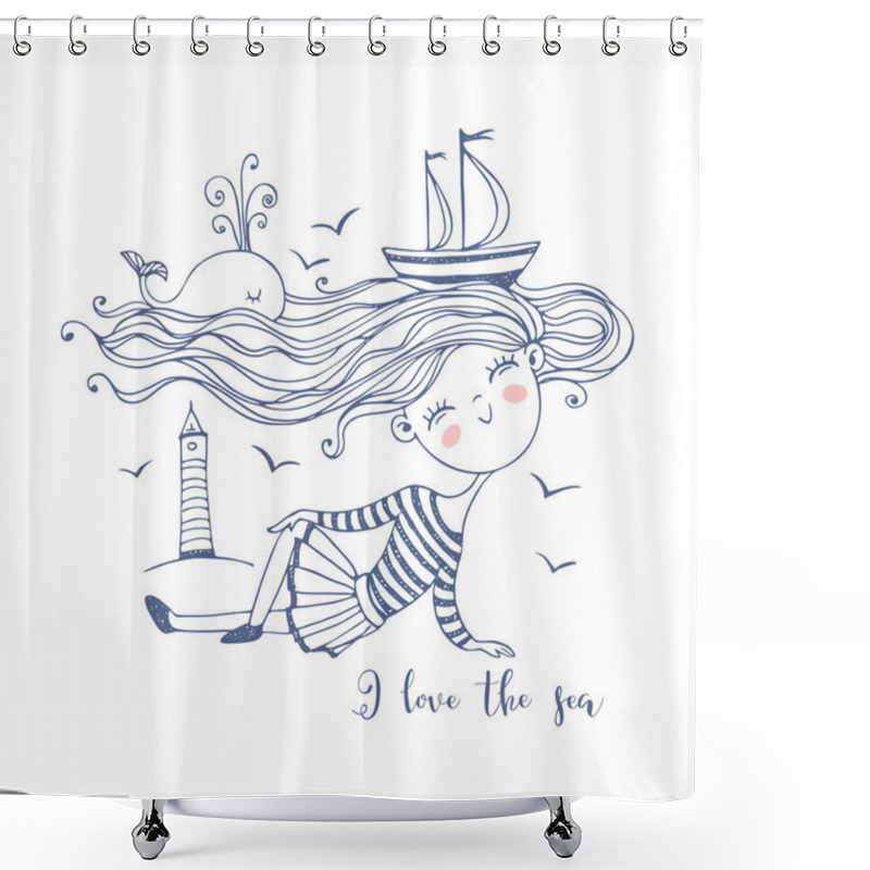 Personality  Cute Little Sailor Girl. With An Ocean Of Hair On Which Ships And A Whale Swim. Doodle Style. Vector. Shower Curtains