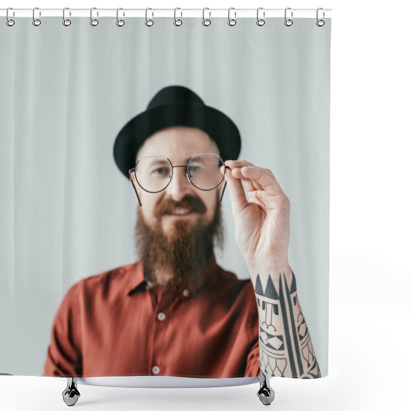 Personality  Smiling Bearded Handsome Man Holding Glasses Isolated On White Shower Curtains