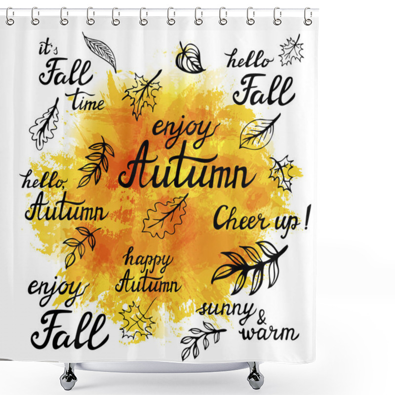 Personality  Set Of Hand-drawn Autumn Slogans And Doodle Leaves Shower Curtains