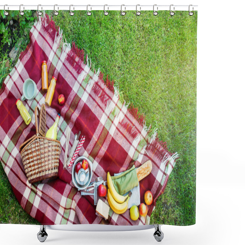 Personality  Basket Setting Food Fruit Checkered Plaid Picnic Grass Shower Curtains