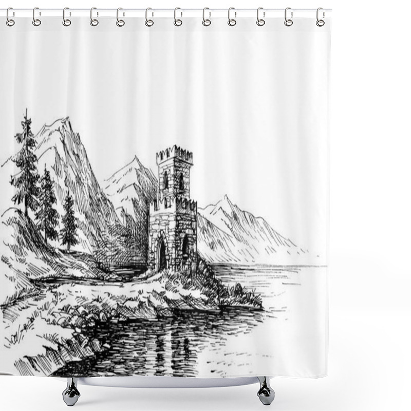 Personality  Old Castle On A River Bank Landscape Shower Curtains