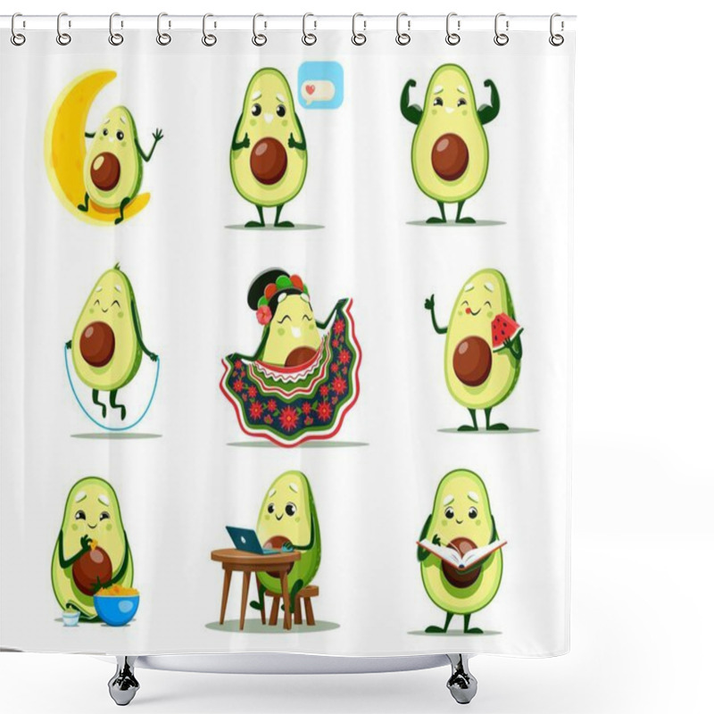 Personality  Cartoon Avocado Characters Vector Set. Cute Vegetable Sitting On The Moon, Showing Muscles, Jump With Rope And Dancing Flamenco. Eating Watermelon Or Nachos, Reading Book, Chatting And Work On Laptop Shower Curtains