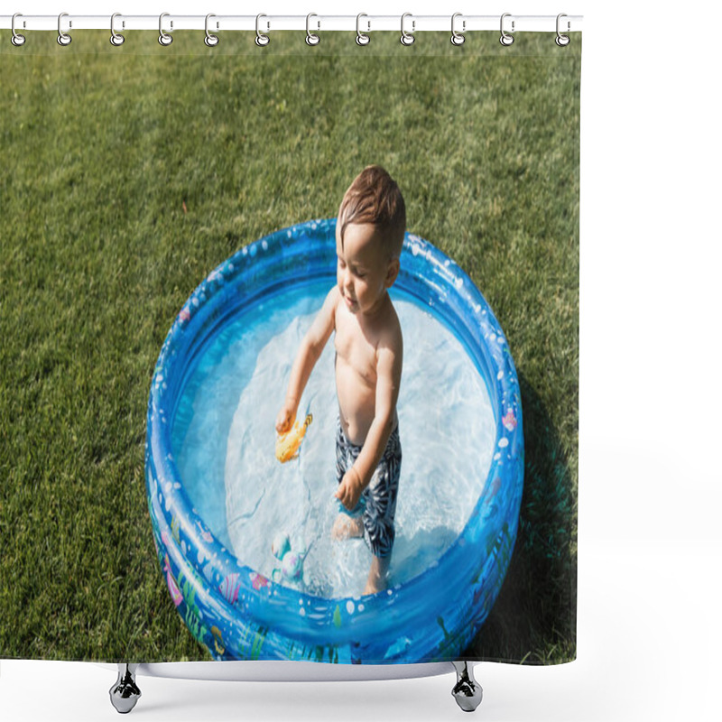 Personality  High Angle View Of Cheerful Toddler Boy Standing In Inflatable Pool With Rubber Toy Shower Curtains