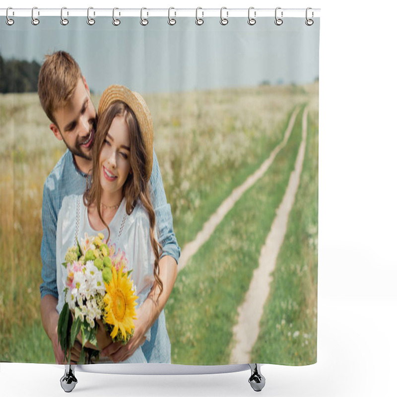 Personality  Portrait Of Smiling Man Hugging Girlfriend With Bouquet Of Wild Flowers In Summer Field Shower Curtains