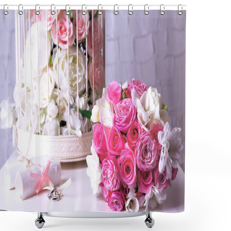 Personality  Beautiful Wedding Still Life With Bouquet On Grey Wall Background Shower Curtains