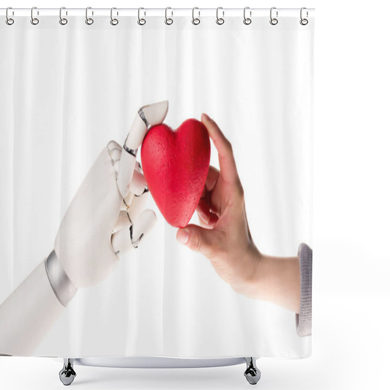 Personality  Cropped Image Of Robot And Woman Holding Heart Together Isolated On White Shower Curtains